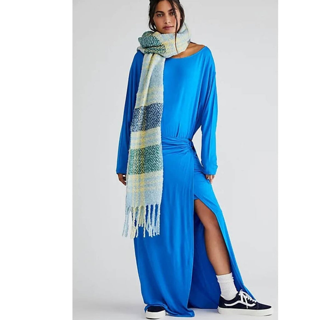 New Free People Alyssa Long Sleeve Wrap Dress Maxi X-SMALL $128 Blue