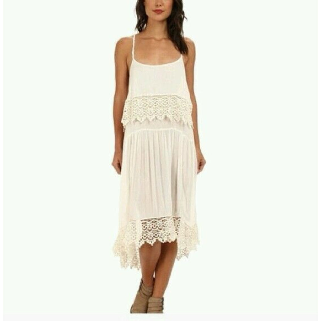 New Free People Intimately Star Crochet Crepe Midi Slip Dress $128 Size XS Ivory