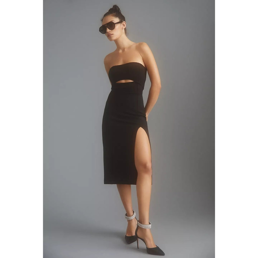 New Anthropologie Maeve Ribbed Cutout Dress STRAPLESS $160 X-LARGE Black
