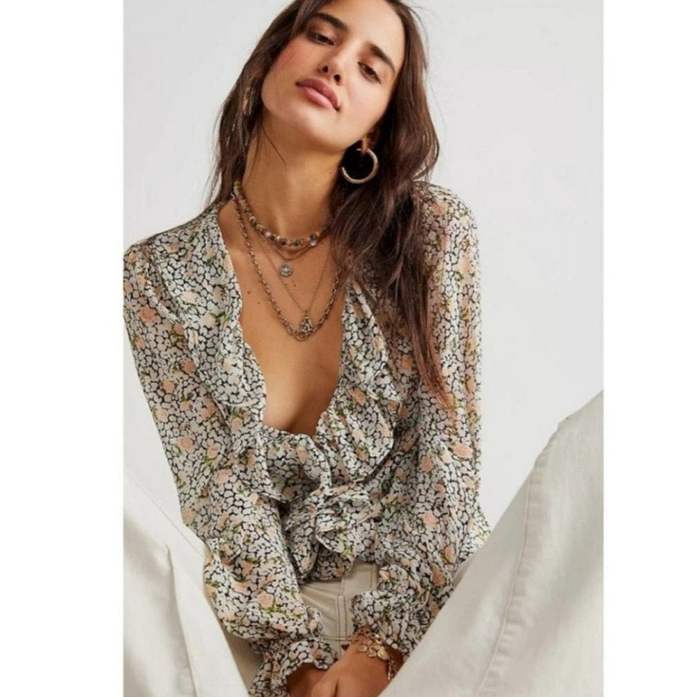 Free People Gigi Semi Sheer Floral Maxi Top $198 SMALL Ivory Long Sleeve
