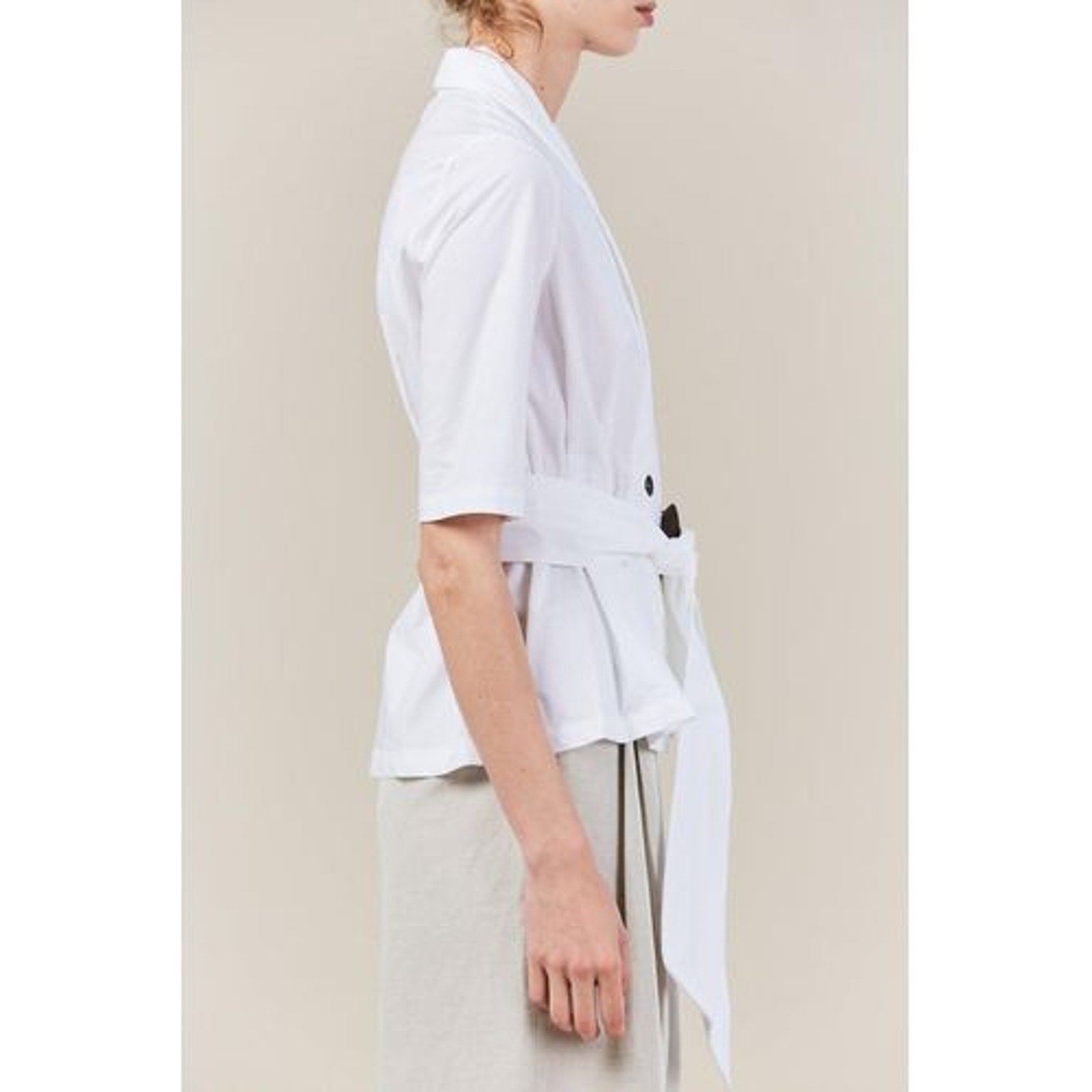 Isa Arfen Robe Pleated Short Sleeve Top With Sash US SIZE 4 White Isa Arfen