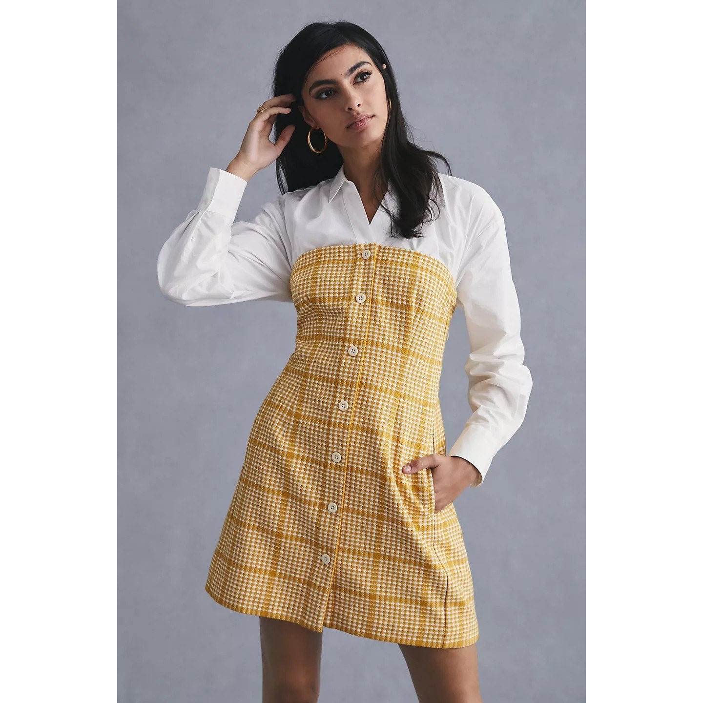 New Anthropologie Maeve Knit Twofer Mini Dress $170 Gold Plaid Size Plus 1X