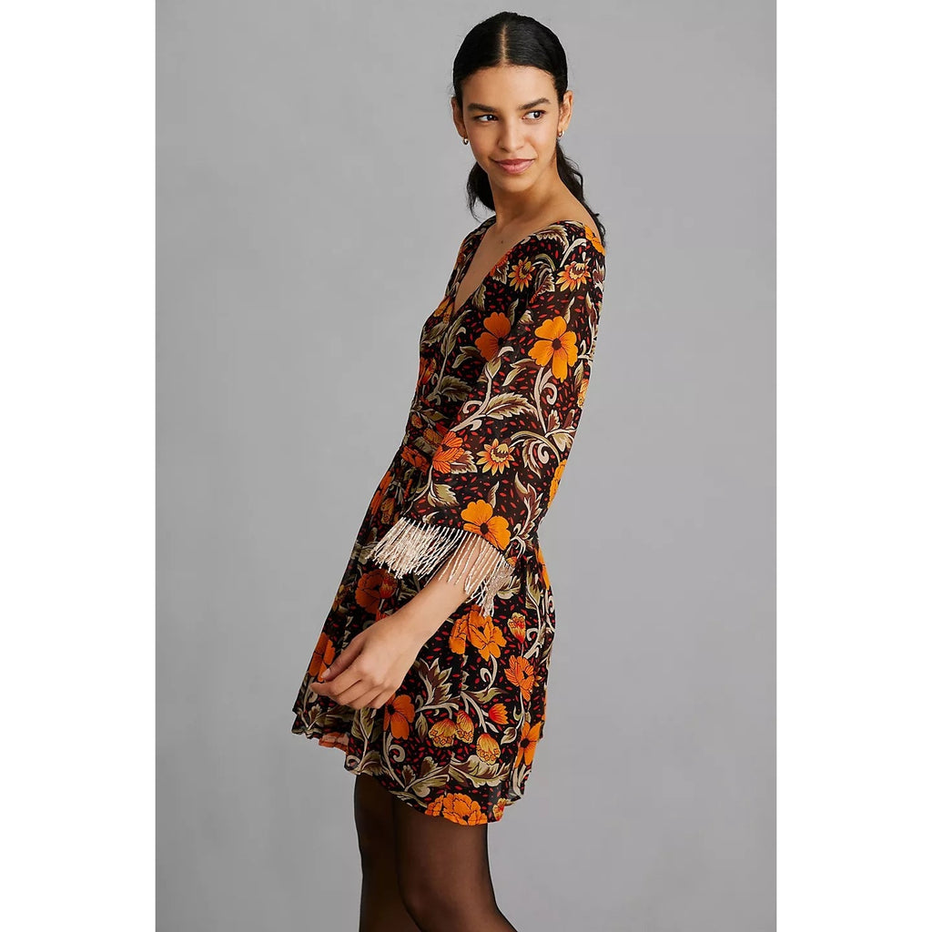 New Anthropologie Verb by Pallavi Floral Fringed Mini Dress $220 XS Brown Motif