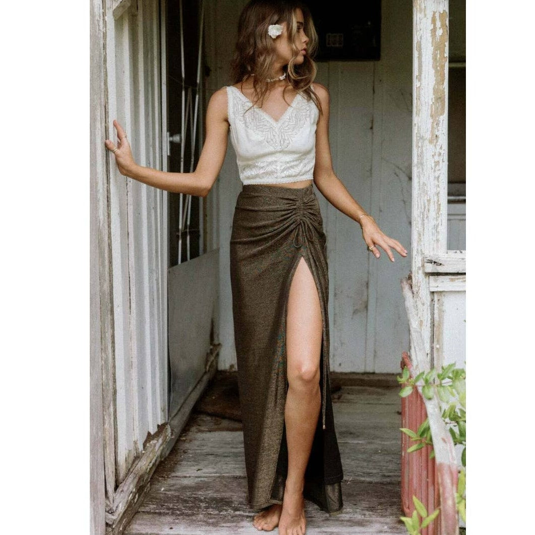 New Free People x Lenni The Label Alibi Maxi Skirt $149 XS Black/Gold Metallic