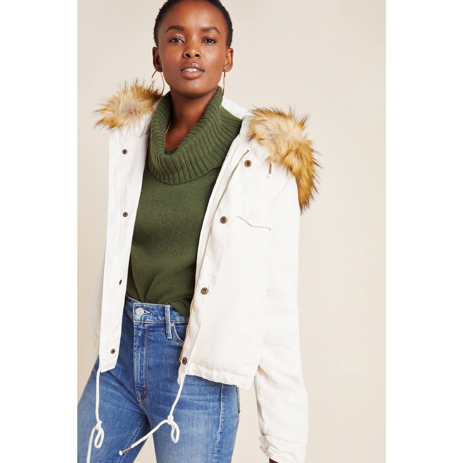 Anthropologie Weller Faux Fur Trim Utility Jacket by On the Road $282 IVORY XS