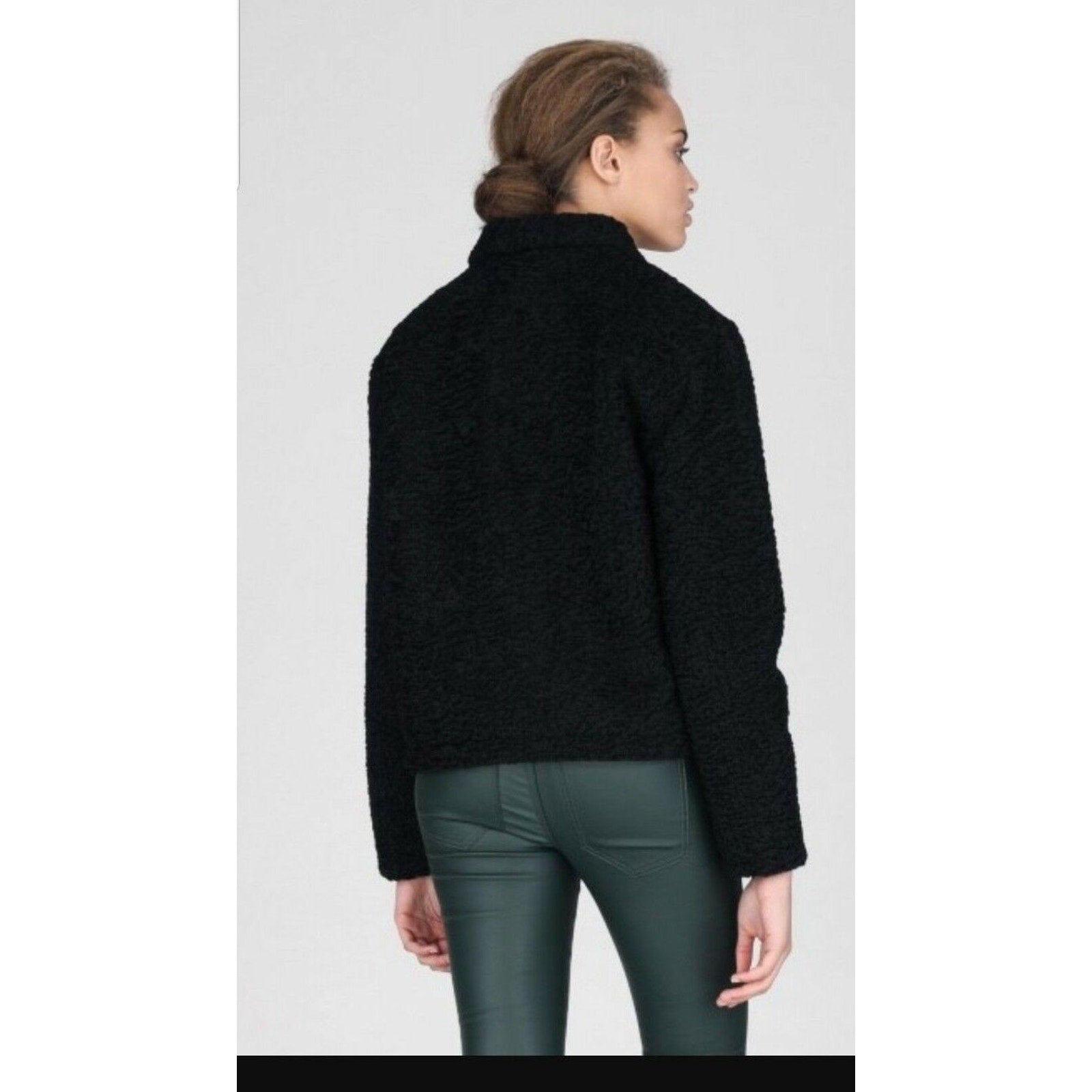 New Dr Denim Emlin Box Crop Faux Shearling Jacket Black Boucle $220 SMALL Chic