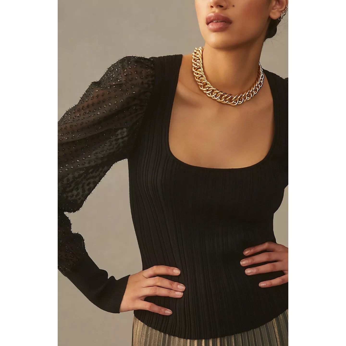 By Anthropologie Puff-Sleeve Shimmer Pullover Sweater MEDIUM Black Anthropologie