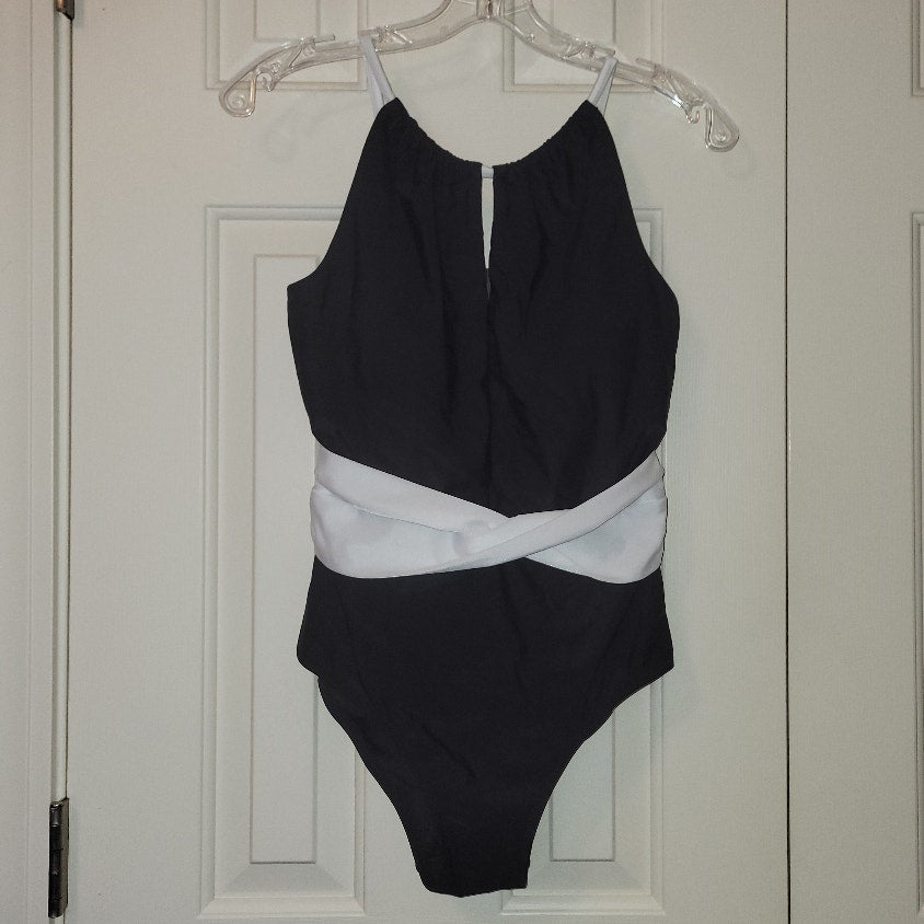 New Anthropologie High-Neck One-Piece Plunge Swimsuit B&W Small Ruched Waist