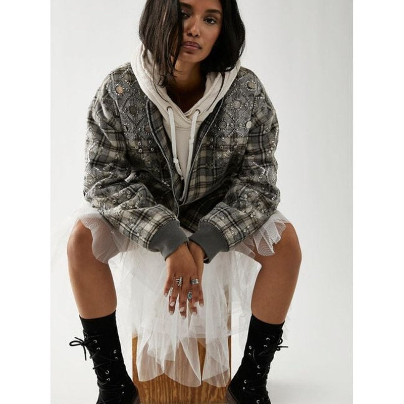 New Free People Louie Embellished Bomber Jacket OVERSIZED $458 MEDIUM Gray