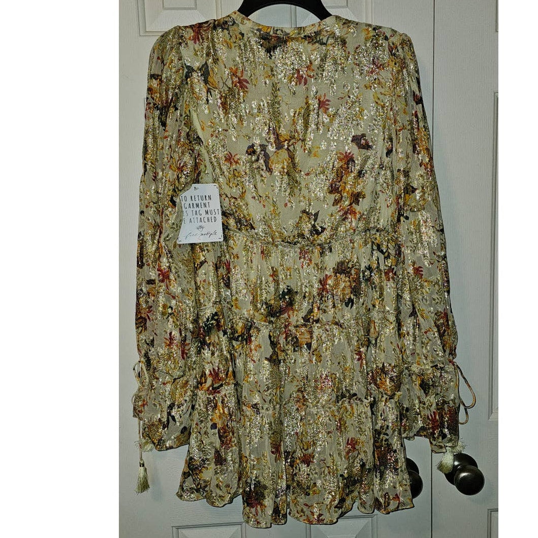 New Free People Rococco Sands Cara Mini Dress $383 SMALL Ivory Tiered Metallic