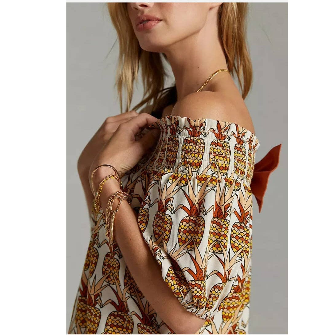 New Anthropologie PORRIDGE Printed Bow-Back Top $98 SMALL Off The Shoulder