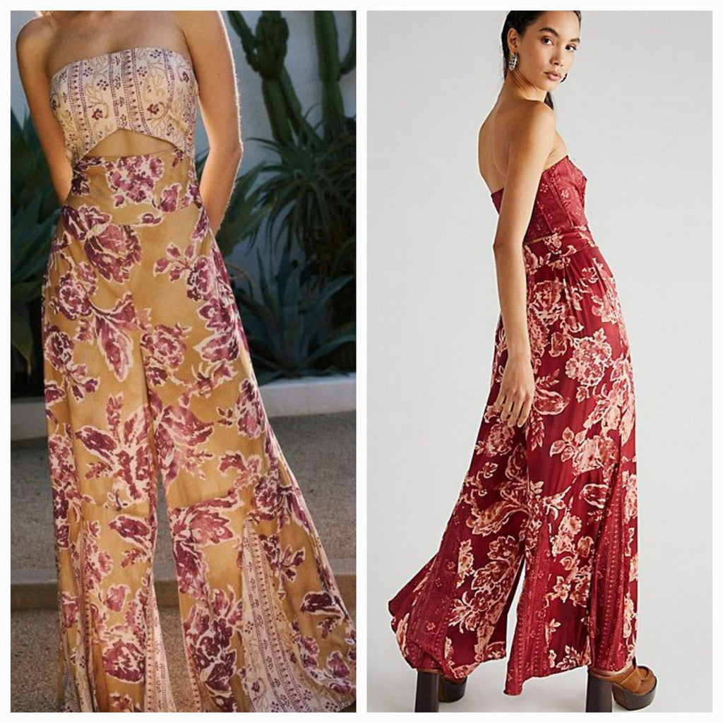 Free People Silky Juliet Jumpsuit SMALL Wine Floral Boho Wide Leg Free People