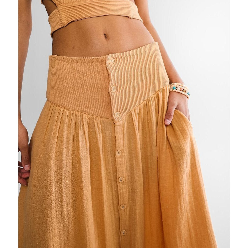 New Free People Frances Skirt Set $148 LARGE Pastry Shell Ribbed Knit Crop Top