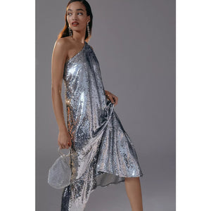 New Anthropologie Maeve One-Shoulder Sequin Dress $230 X-SMALL Silver
