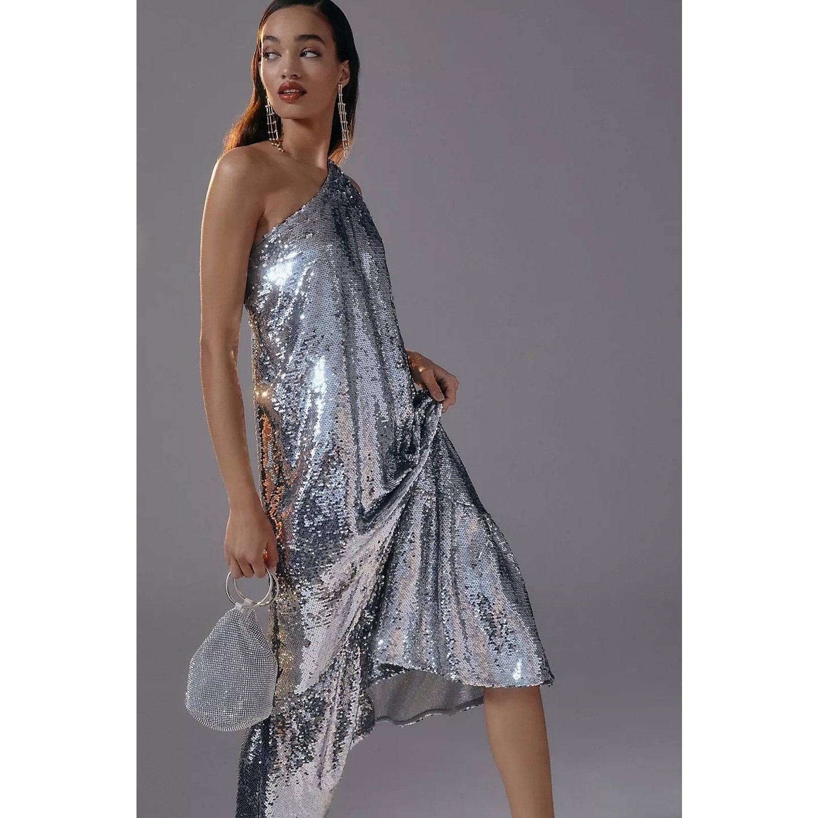 New Anthropologie Maeve One-Shoulder Sequin Dress $230 X-SMALL Silver