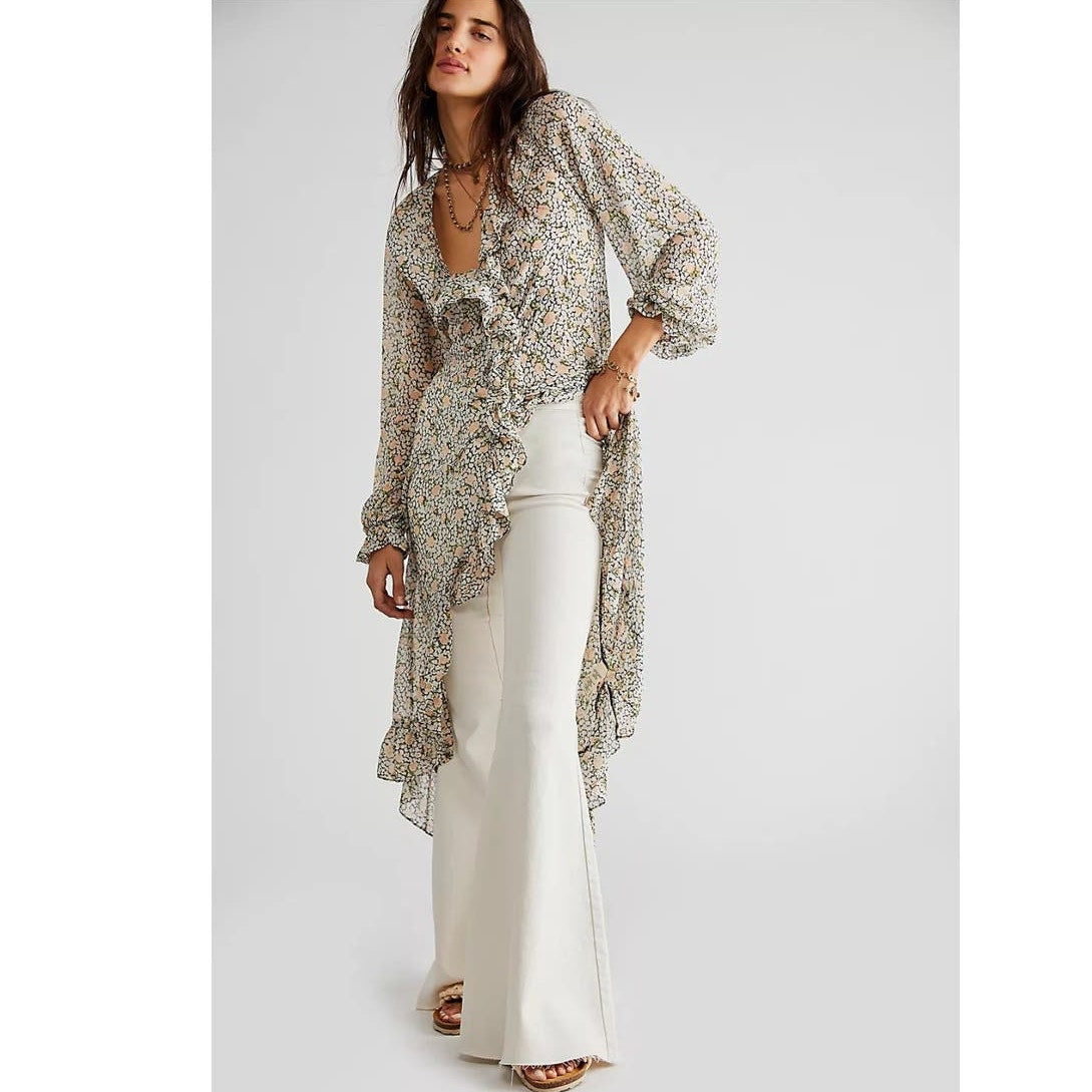 Free People Gigi Semi Sheer Floral Maxi Top $198 SMALL Ivory Long Sleeve