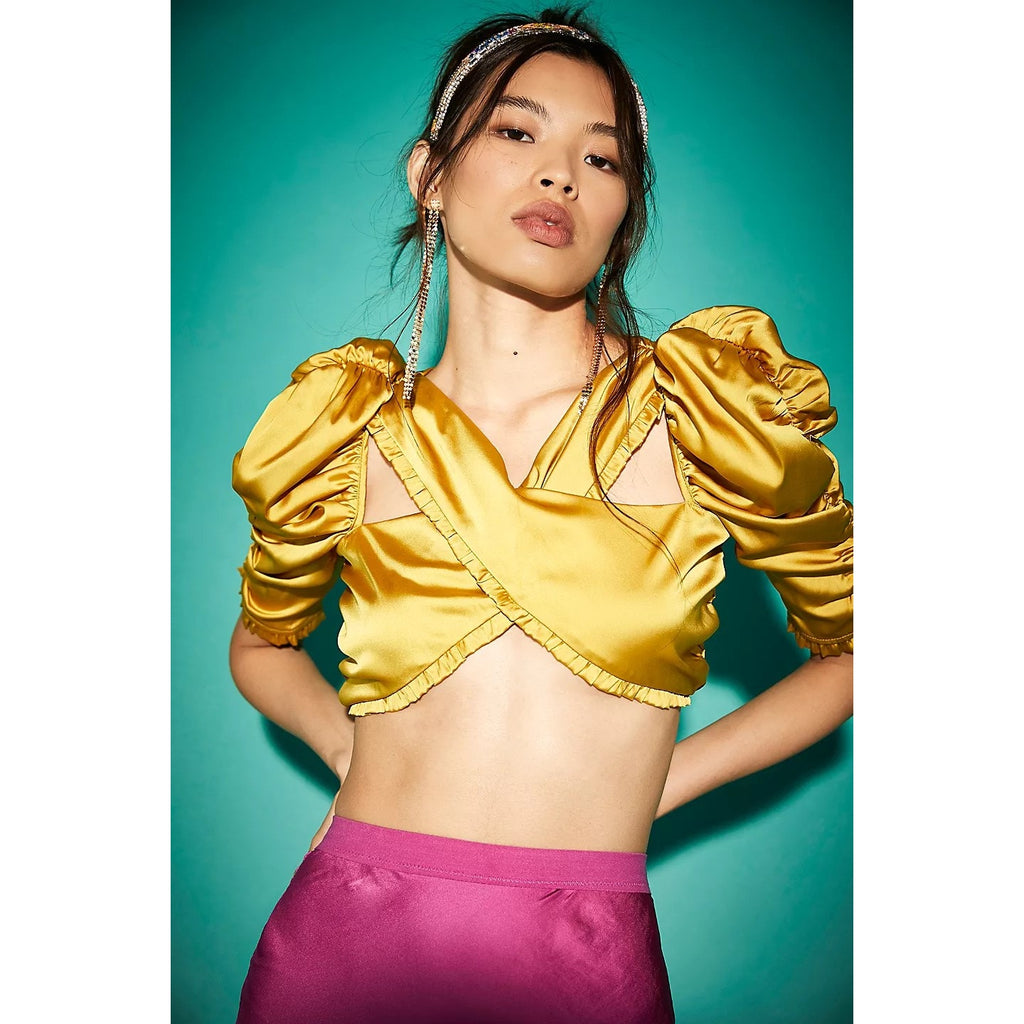 New Free People FOR LOVE AND LEMONS Alia Cross Front Crop Top $153 SMALL Gold