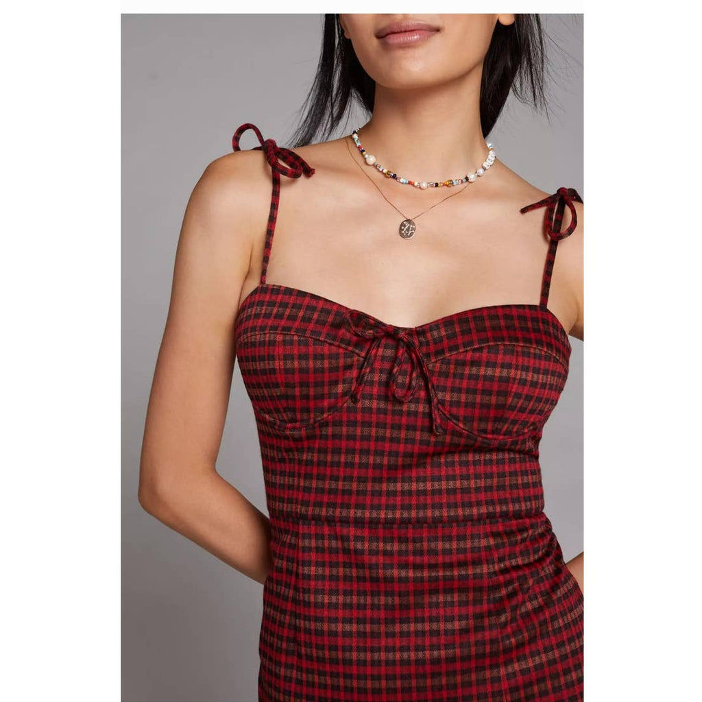 New Anthropologie by Hutch Plaid Midi Dress $198 MEDIUM Red Side Slit Zip Back