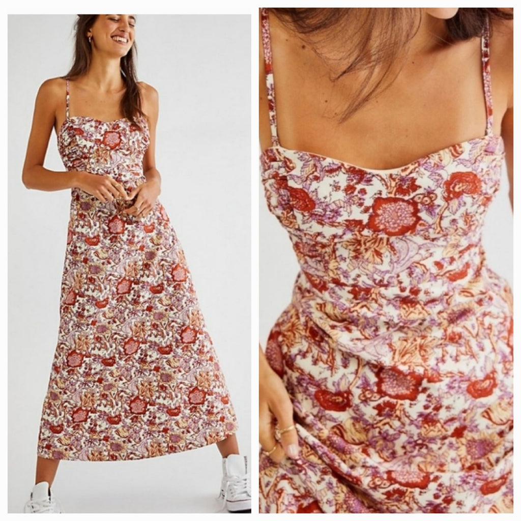 New Free People Ruby's Sweetheart Midi Dress $148 SIZE 2 Red Berry Floral