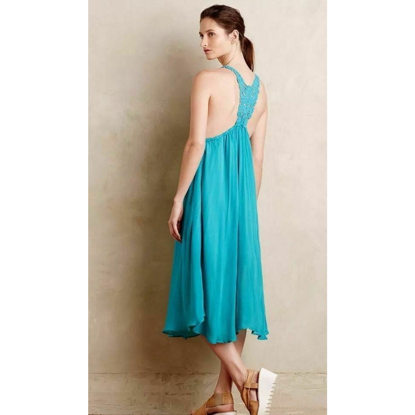 New Anthropologie Verano Turquoise Midi Lace Back Dress $148 Turquoise Small