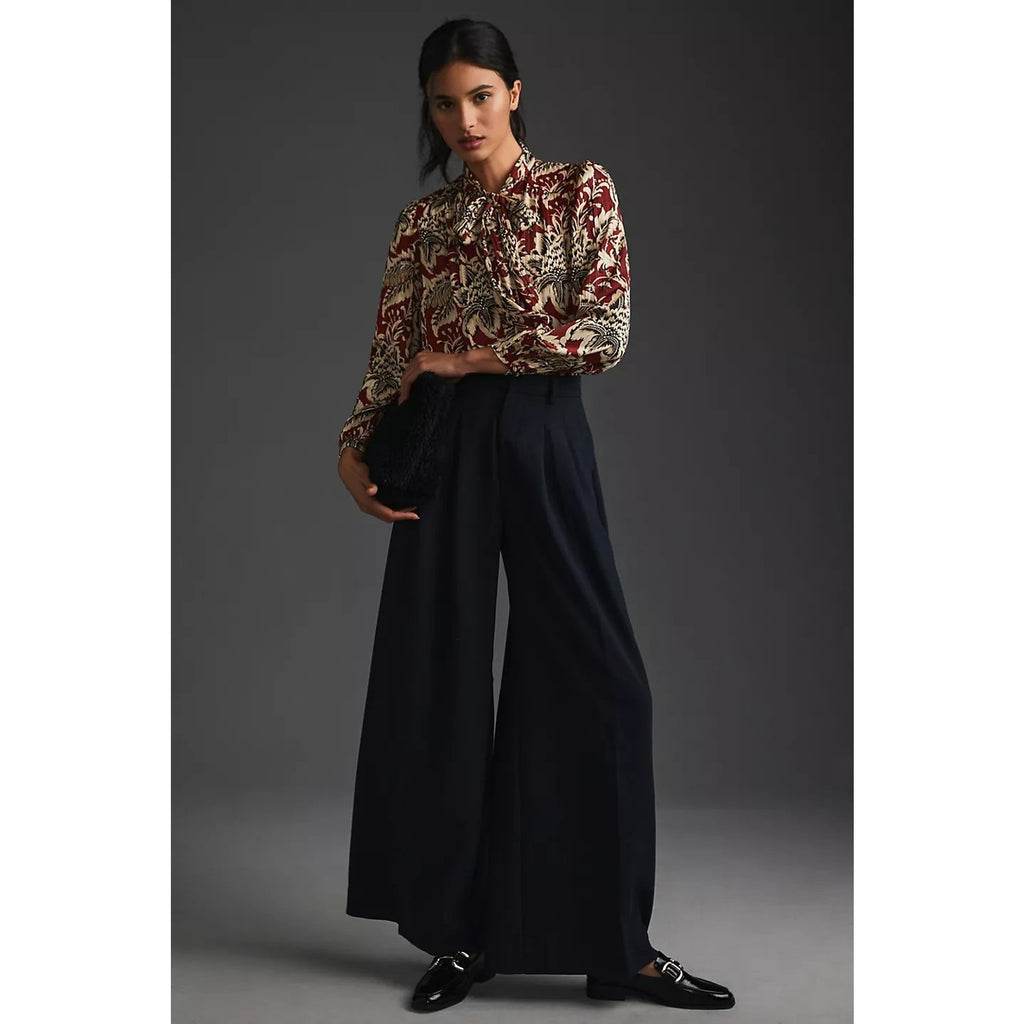 New By Anthropologie Tie-Neck Blouse $128 SMALL Brown Floral Motif Button Front