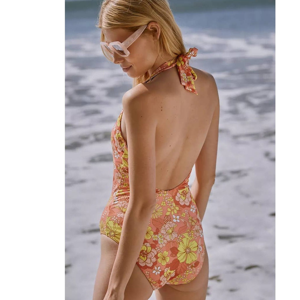 New Anthropologie Sanctuary Reversible Halter One-Piece Swimsuit $125 Floral S