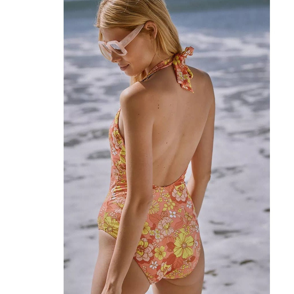 New Anthropologie Sanctuary Reversible Halter One-Piece Swimsuit $125 Floral S
