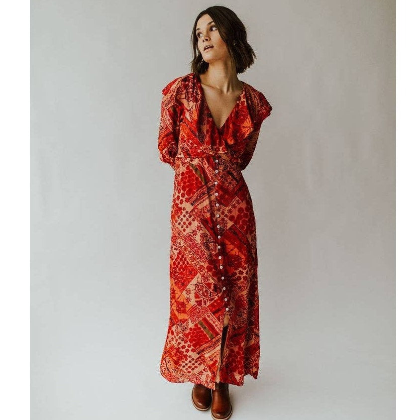 New Free People Lennon Ruffle Maxi Dress Boho $168 X-SMALL Primrose Combo