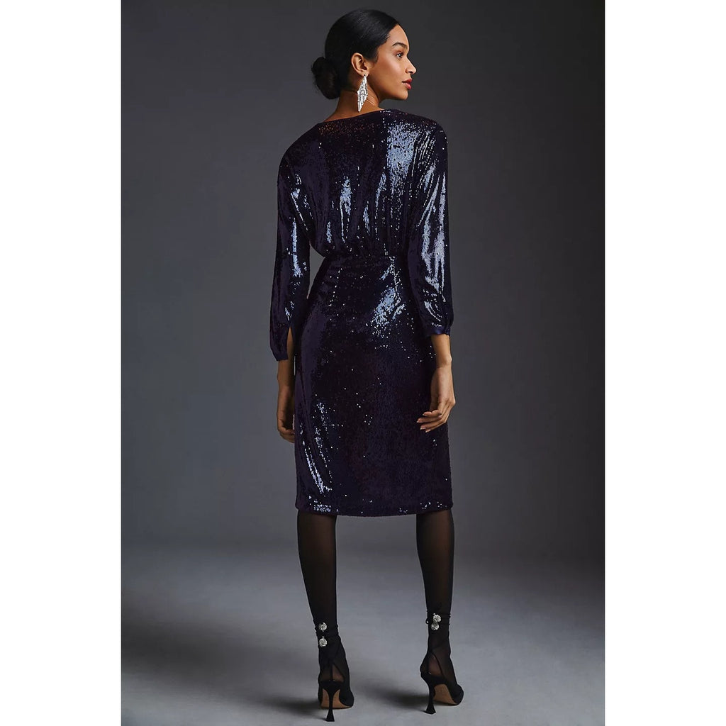 New By Anthropologie Twist-Front Sequin Dress $210 Navy Blue US Size 4
