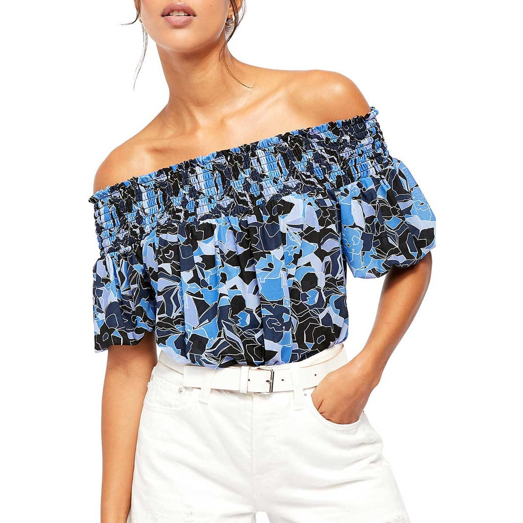 Free People Boho Abstract Bubble Top SMALL Blue Smocked Off The Shoulder Free People