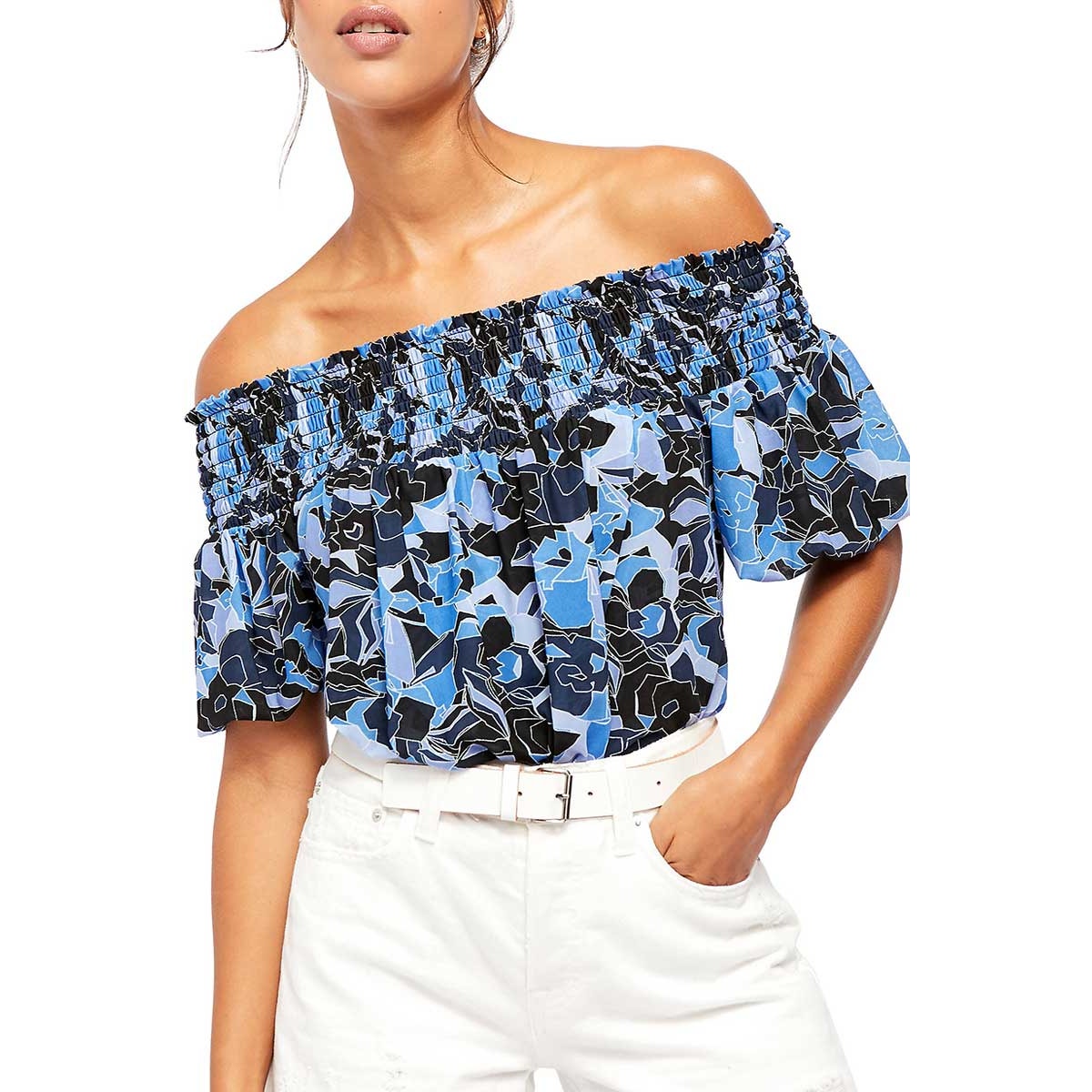 Free People Boho Abstract Bubble Top SMALL Blue Smocked Off The Shoulder Free People