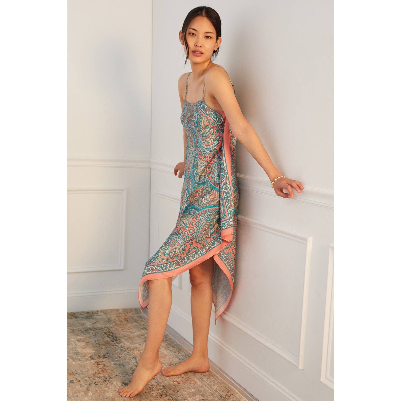 New Anthropologie by Tiny Flowy Asymmetrical Midi Dress $148 Small Turquoise