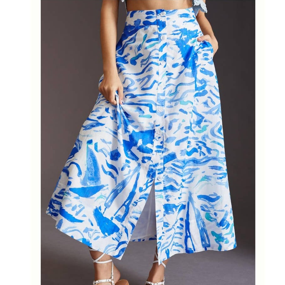 New Anthropologie Maeve A-Line Printed Maxi Skirt  $130  SIZE 2  Blue Abstract