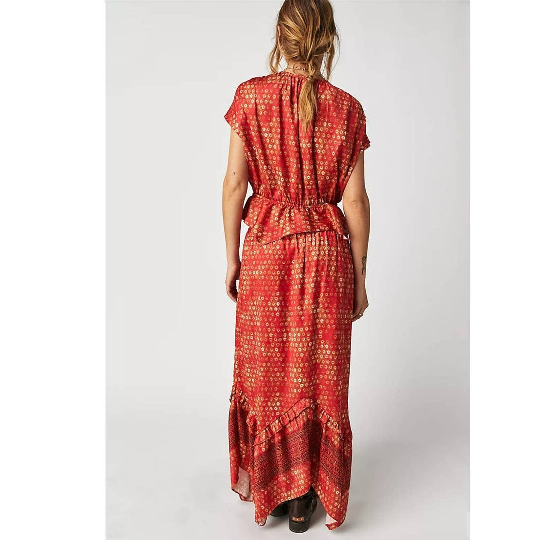 New Free People Dreambound Silky Maxi Skirt Set $168 X-SMALL Red Boho V-neck Top