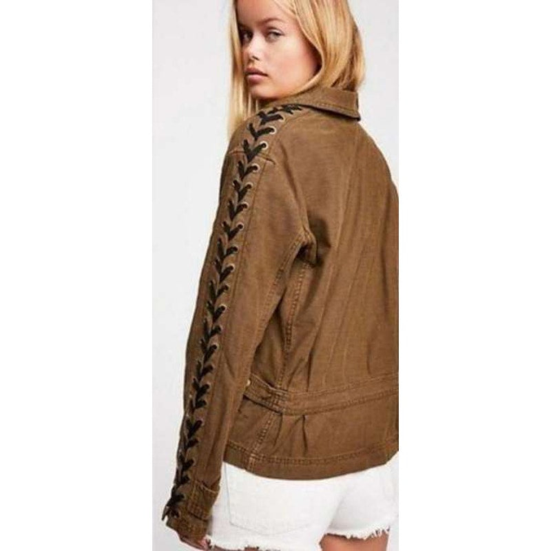New Free People Faye Military Twill Lace Up Jacket Retail $168 Small Moss Zip