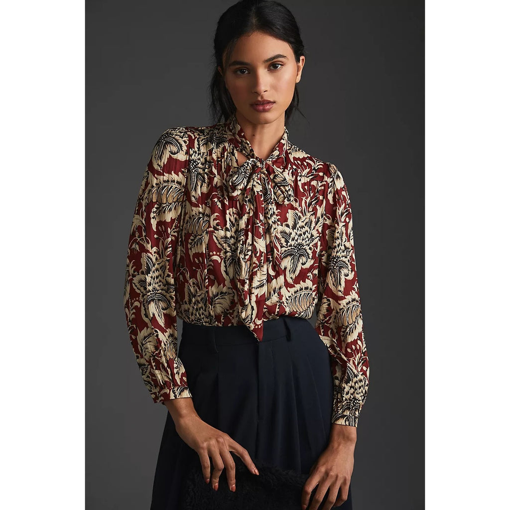 New By Anthropologie Tie-Neck Long Sleeve Floral Blouse $128 X-SMALL Brown