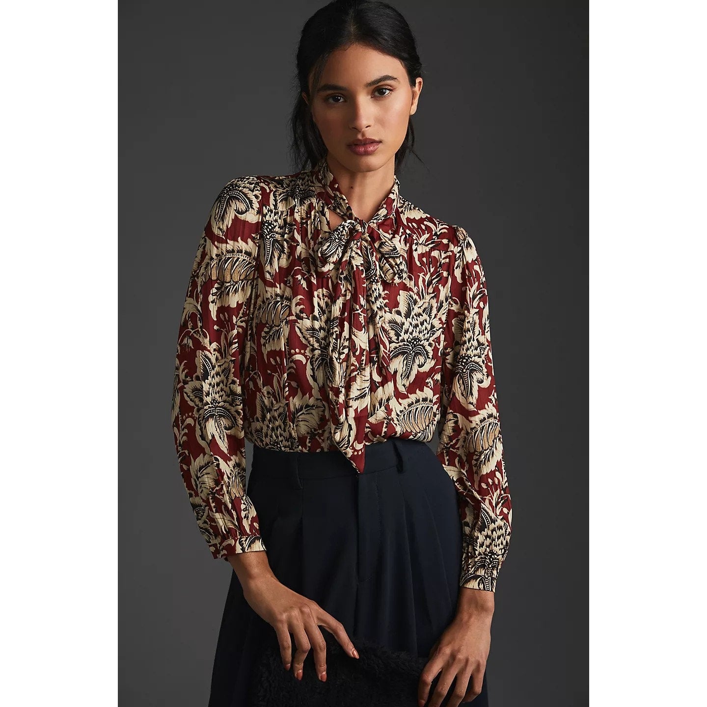 New By Anthropologie Tie-Neck Long Sleeve Floral Blouse $128 X-SMALL Brown