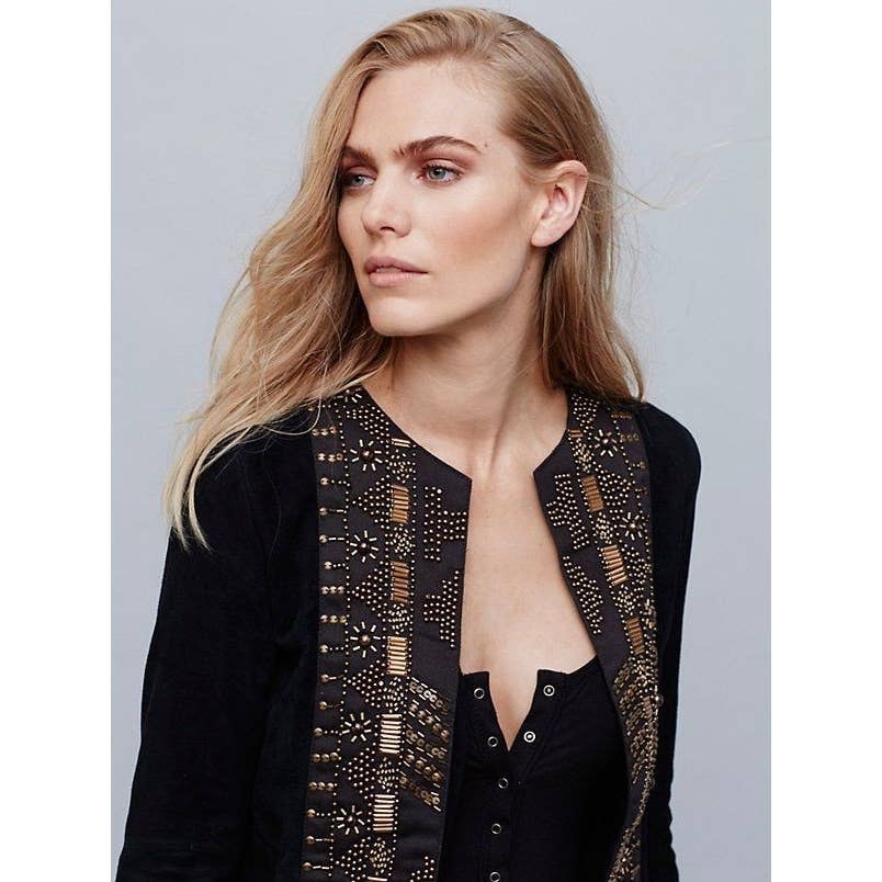 New Free People CLEOBELLA Taylor Jacket $739 Black FRINGED Embellished SUEDE