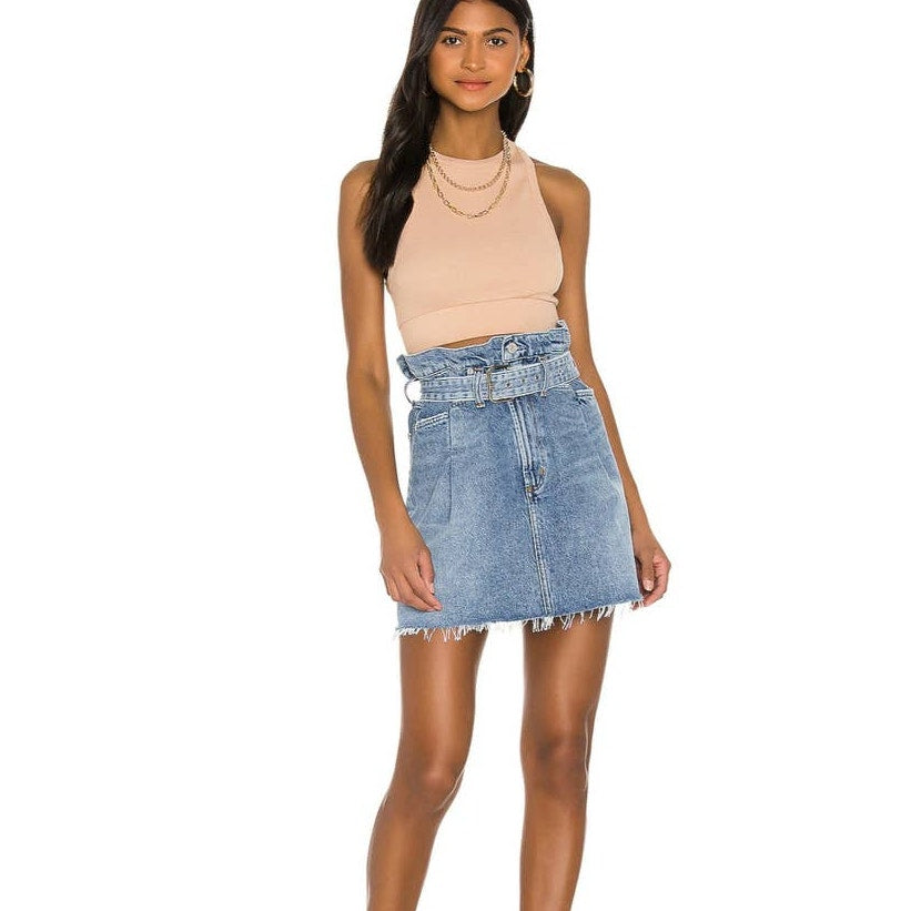 New Anthropologie x Agolde '90s Slim Belted Denim Mini Skirt $188 Sz 25 Raw Hem