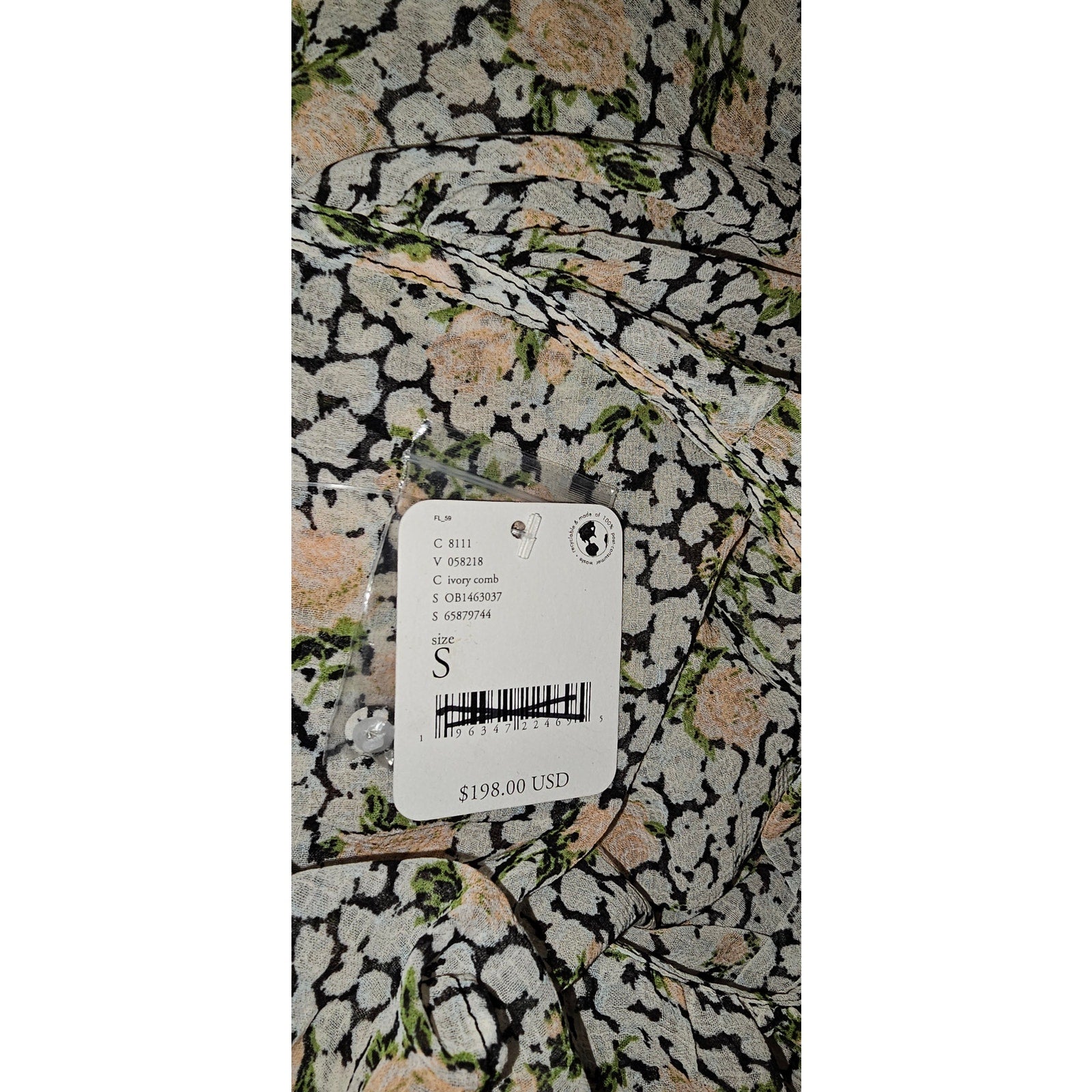 Free People Gigi Semi Sheer Floral Maxi Top $198 SMALL Ivory Long Sleeve