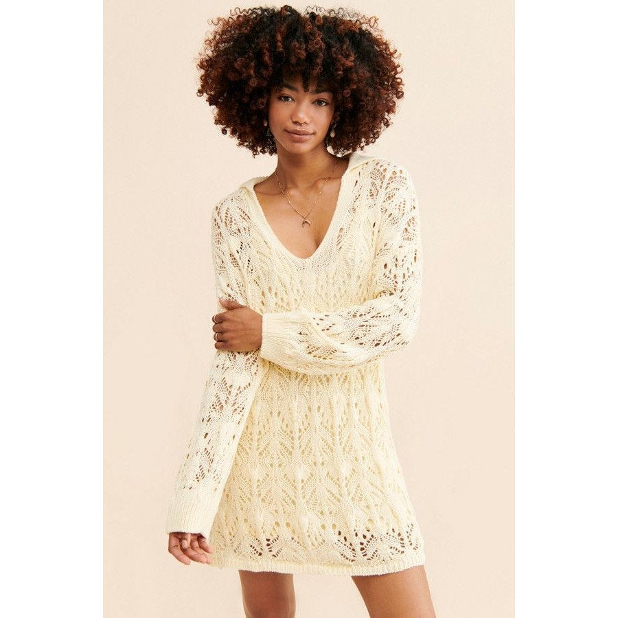 New Free People Elton Collared Crochet Mini Dress $178 MEDIUM Ivory Lined