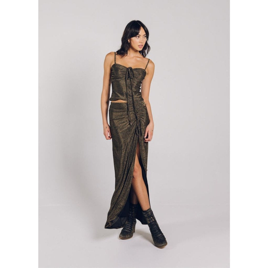 New Free People x Lenni The Label Alibi Maxi Skirt $149 XS Black/Gold Metallic