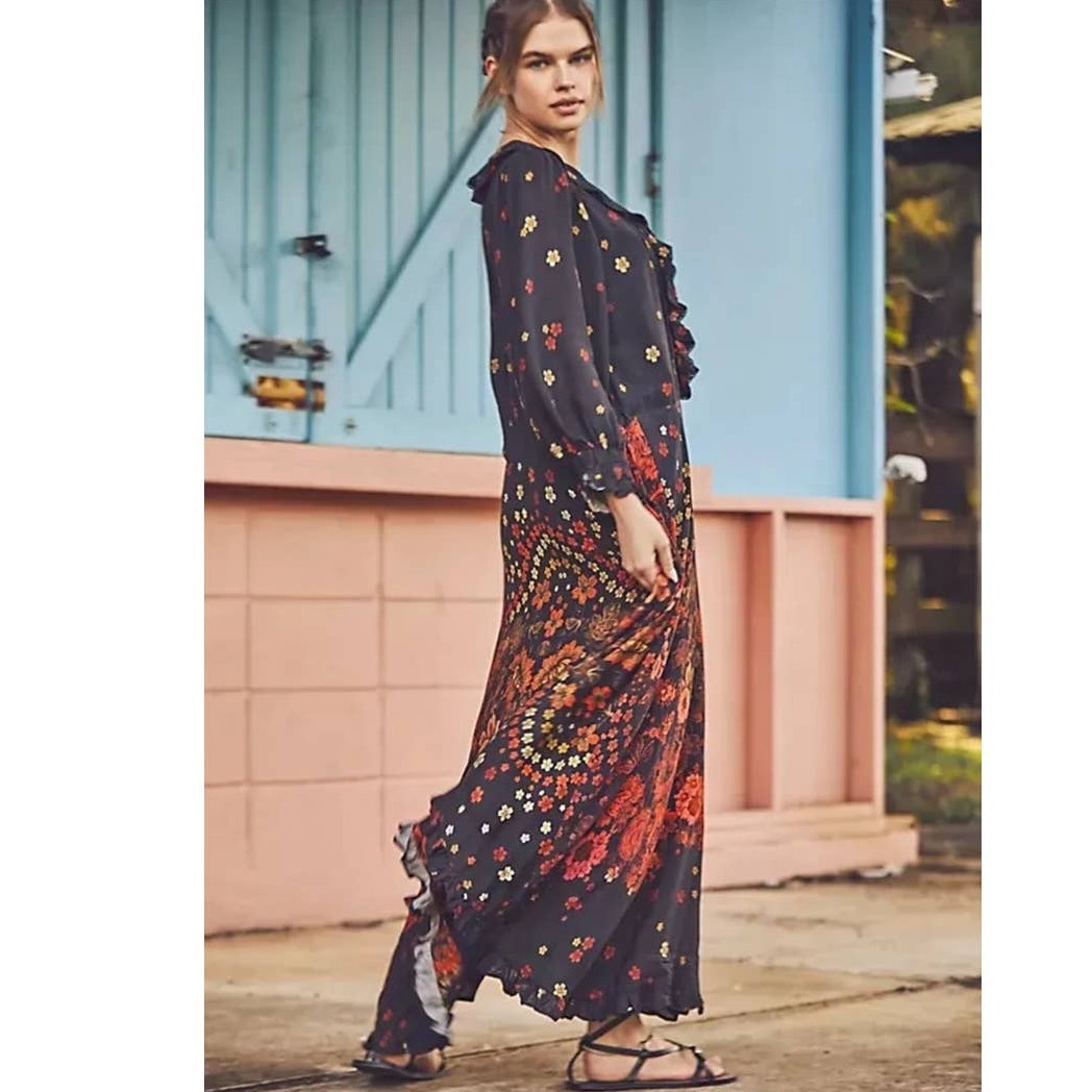New Free People Talsey Maxi Dress $198 MEDIUM Black Floral