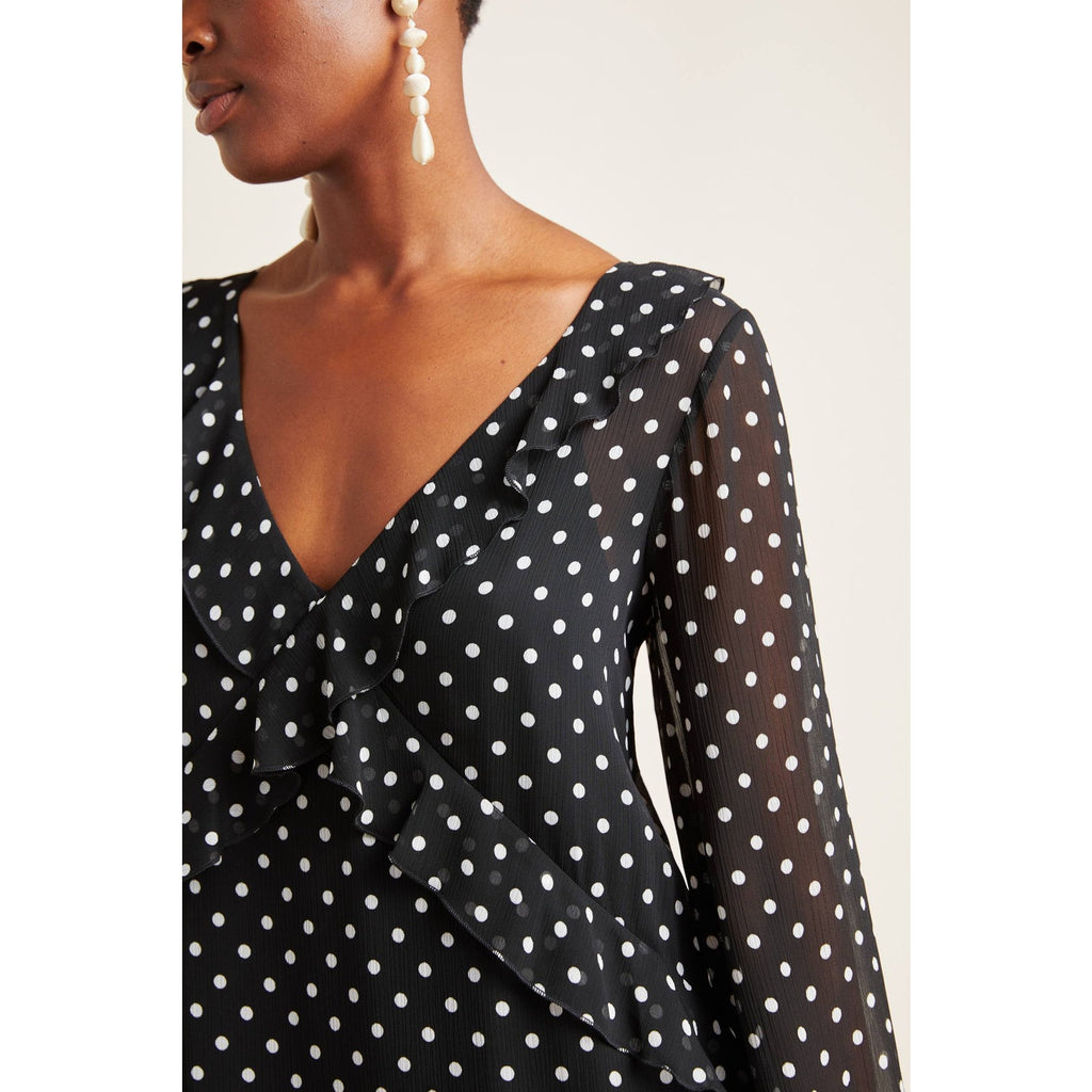 New Anthropologie Sirena Ruffled Tunic Midi Dress  $160  SMALL Midi Polka Dot