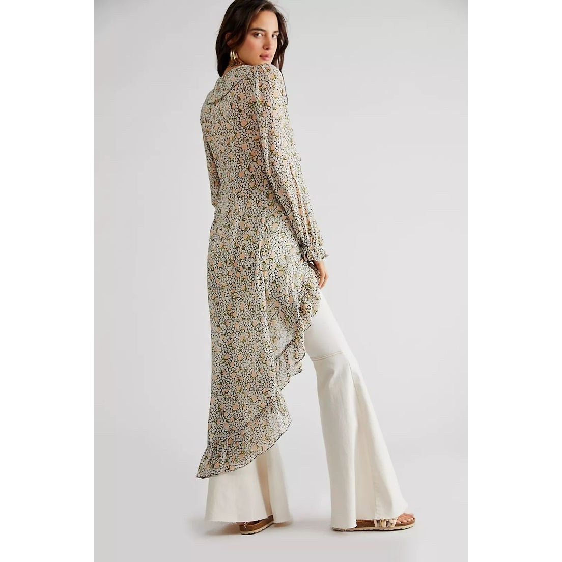 Free People Gigi Semi Sheer Floral Maxi Top $198 SMALL Ivory Long Sleeve