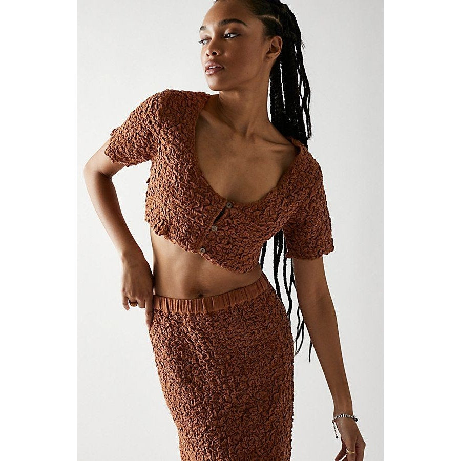 New Free People Double The Fun Button Cardi Midi Skirt Set $128 Medium Sienna
