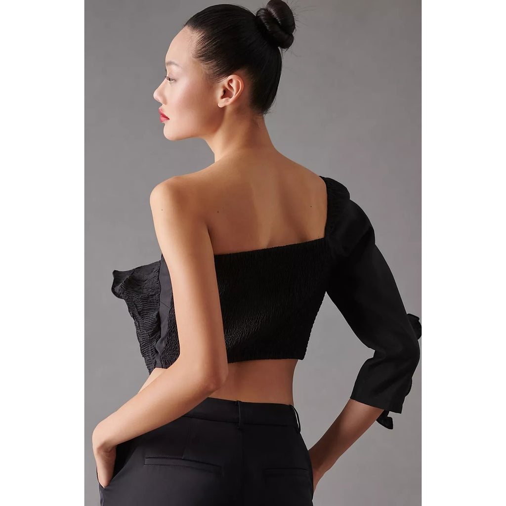 New Anthropologie Let Me Be 3-D Rosette One-Shoulder Top $148 XXSP Black
