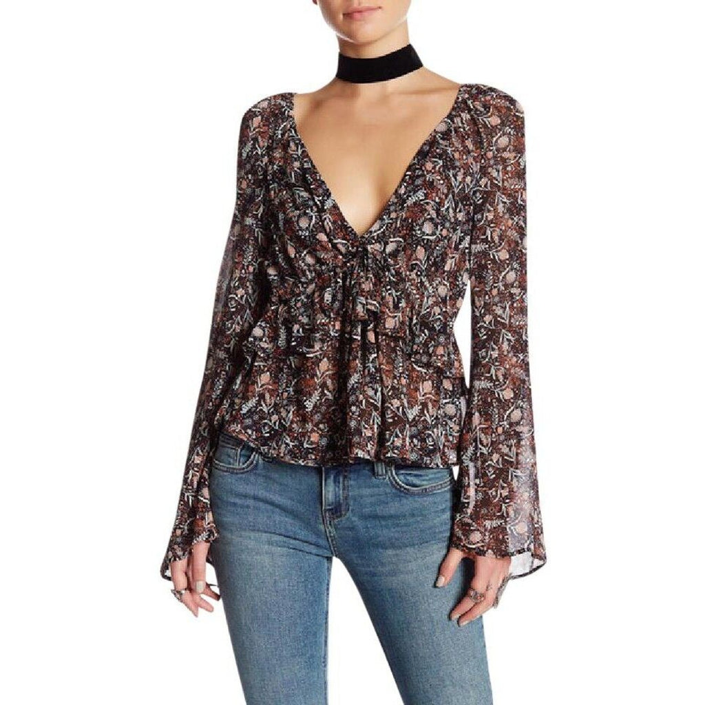 New Free People Uptown Floral Bell Long Sleeve Blouse Retail $118 SMALL Black