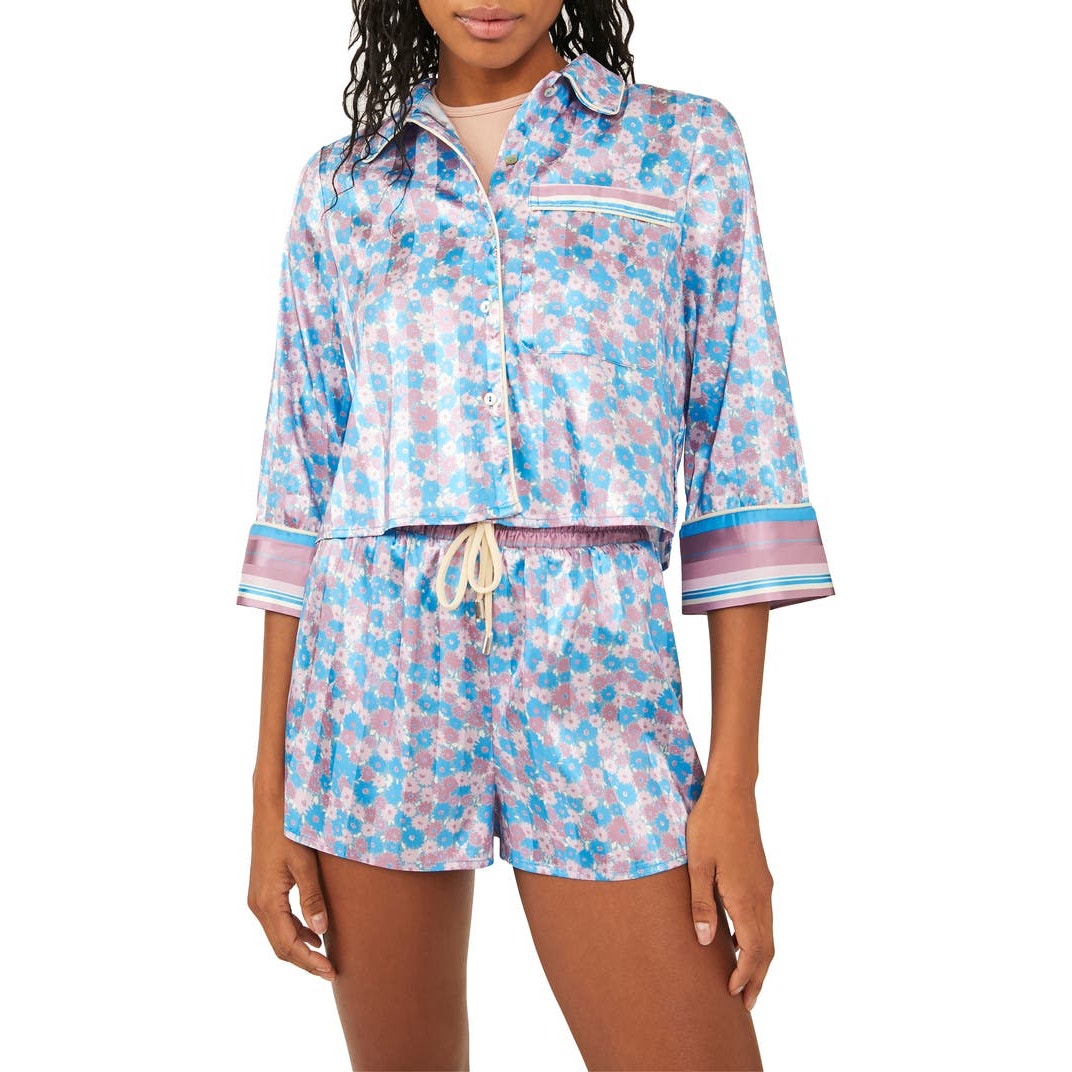 New Free People Pillow Talk Floral PJ Set $88 XS Button-up Crop Shirt Shorts
