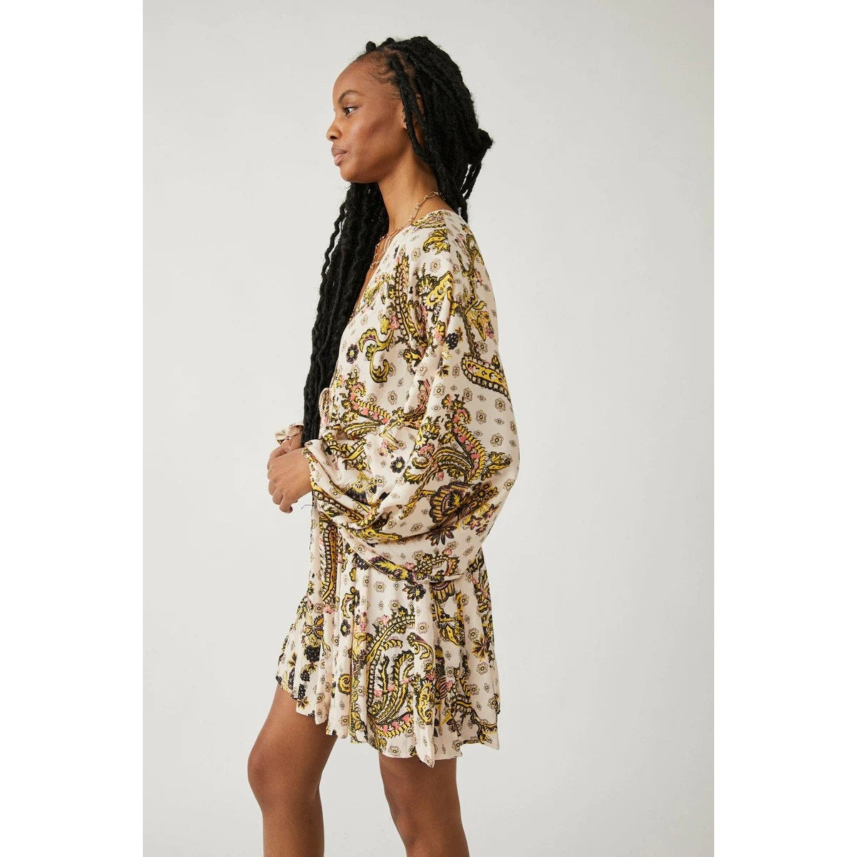 New Free People Arzel Printed Mini Dress $148  X-SMALL Tea Combo Long Sleeve